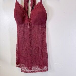 Red lace nighty lingerie slip bra mini dress camisole burgundy small intimates